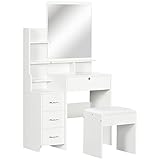 HOMCOM Tocador de Maquillaje con Taburete y Espejo Mesa de Maquillaje con 4 Cajones 4...