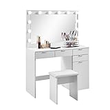 LEMROE Tocador de dormitorio con taburete, mesa de tocador blanca con espejo LED...