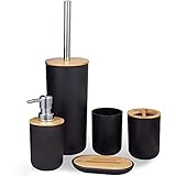 Set Juego 5 Accesorios Baño en Negro / Bambú Cuarto Baño Aseo Dispensado Jabón Soporte...