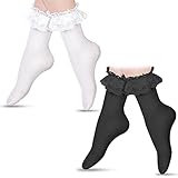 Geyoga 2 Pares Calcetines Tobilleros con Volantes de Encaje Blanco y Negro para Mujer