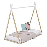 Cama Infantil Tipi con Somier, en Madera Natural y Blanco, Forma Casita Indio Montessori,...