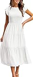 EUDOLAH Vestido Largo Verano Mujer Manga Volante Cuello Redondo(Blanco,L)