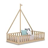 Cama Infantil Barco Tipo Montessori, con Somier y Barrera Barandilla, en Madera Natural,...