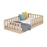 Cama Infantil Tipo Montessori Nube, con somier y Barrera barandilla, en Madera Natural...