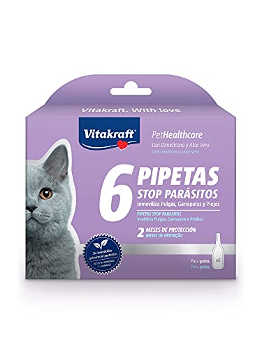 Vitakraft - Pipeta Stop Parásitos para Gatos, con Dimeticona y Aloe Vera - 1ml x 6...