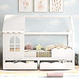 Cama Infantil con Barrera Reja Protección Casita Forma de casa para Niña y Niño Cama...