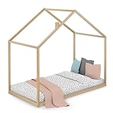 Cama Infantil Tipo Montessori Space, Casita Madera Natural para niño y niña, 90x190 cm