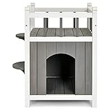 GYMAX Casa para Gatos con Balcón y Escaleras, Caseta de Madera Impermeable, 45 x 45 x 65...