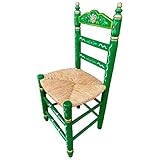 Silla Sevillana de Madera Color Verde Decorada Artesanalmente con Asiento de Enea Natural....