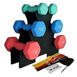 TACKLY Kit de Mancuernas de Neopreno 1kg / 2kg / 3kg + Cintas elásticas musculación...