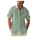 Camisas de manga corta con botones para hombre, con borde bordado casual, cuello de banda...