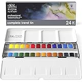 Winsor & Newton Acuarela profesional, Set de viaje completo, 24 medio godets de acuarela...