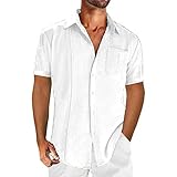 Camisa De Lino Cubana Guayabera para Hombres Camisa De Manga Corta De Bolsillo De Encaje...