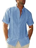 FUERI Camisa de lino de algodÃ³n para hombre manga corta Guayabera camisa de verano, azul,...