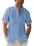 FUERI Camisa de lino de algodón para hombre manga corta Guayabera camisa de verano, azul,...