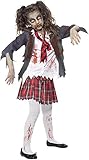 Smiffys-43025L Halloween Disfraz de Colegiala Zombi, con Falda de Cuadros Escoceses,...