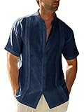 FUERI Camisa de lino de algodÃ³n para hombre manga corta Guayabera camisa de verano, azul...