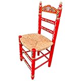 Silla Sevillana de Madera Color Rojo Decorada Artesanalmente con Asiento de Enea Natural....