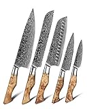 HEZHEN 5 Piezas Set Cuchillo Cocina, acero de Damasco, acero japonés con alto contenido...