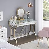 MKJLWO Tocador moderno para mujer, mesa de maquillaje pequeña, tocador blanco dorado con...
