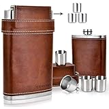 Gennissy 304 18/8 acero inoxidable Petaca Flask - marrón piel con 3 vasos y embudo 100% a...