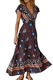 Vestido Mujer Bohemio Largo Verano Playa Fiesta Floral Manga Corta Cuello en V Talla Split...