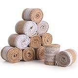 12 Rollo de Cinta Yute Natural con Encaje Blanco, 5 cm Ancho Retro Arpillera Cinta para...
