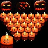 Calabaza Velas Halloween,24 Piezas Halloween Velas LED,Velas LED efecto llama,Velas con...