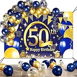 Decoracion 50 Cumpleaños, SWPEED Azul Oro Extra Grande Tela 50 Años Feliz Cumpleaños...